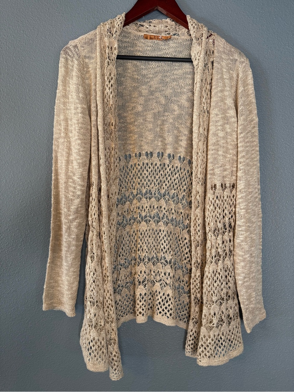 Belldini Open-Front Crochet Lace Lightweight Boho Cardigan - Beige